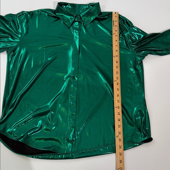 Anthropologie Gillian Liquid Shine Shirt Size L Long Sleeve Button Down Green - Picture 8 of 11